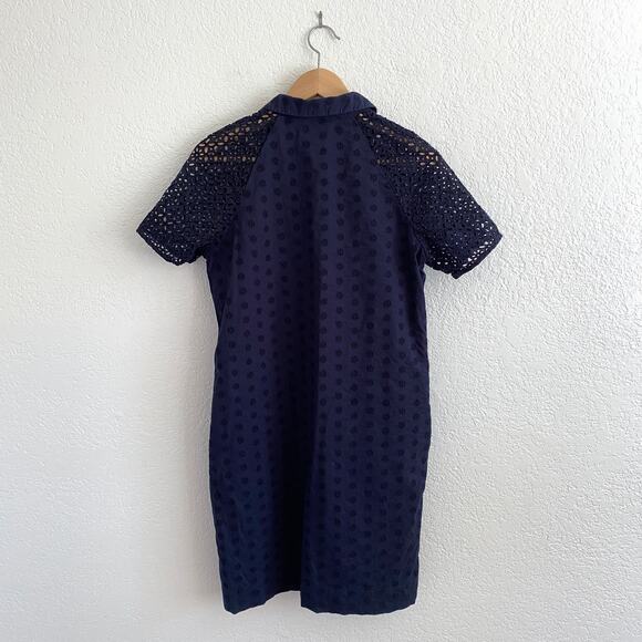 J. Crew Navy Eyelet Shirt Dress Short Sleeve Collar Button Placket Size 4 Preppy - Picture 3 of 9